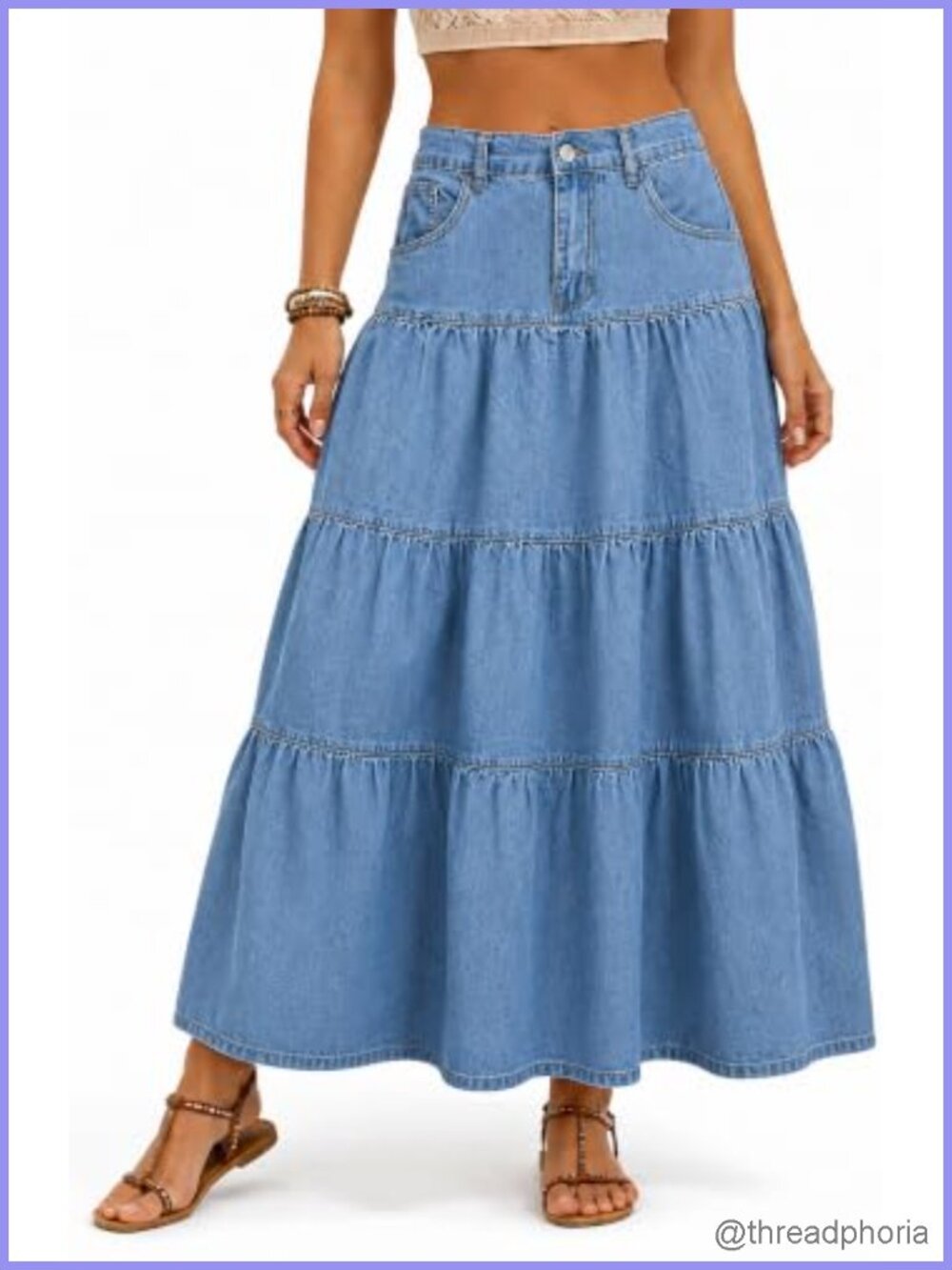 Tiered Denim Maxi Skirt Elastic Back Waist Pockets A-Line